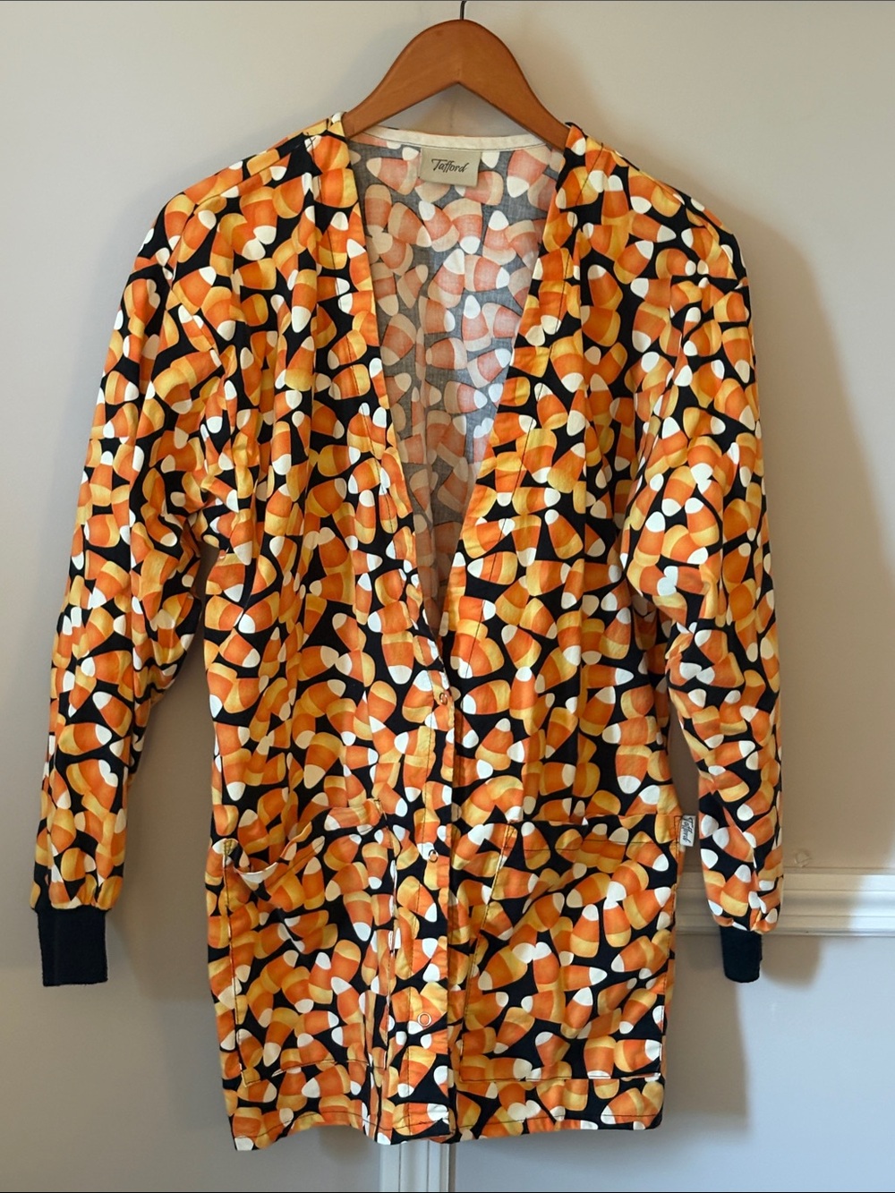 Tafford Candy Corn Motif Scrub Jacket in Orange Black White